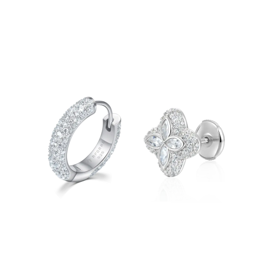 S925 Paved Hoop & Clover Stud Earring Set